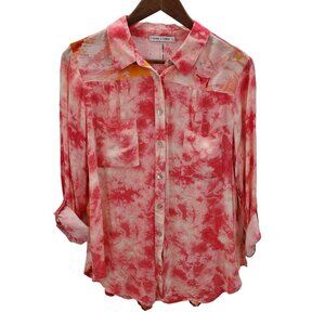 Figueroa & Flower Pink Watercolor Tie Dye Button Up Shirt Sz PL Roll Tab Sleeve
